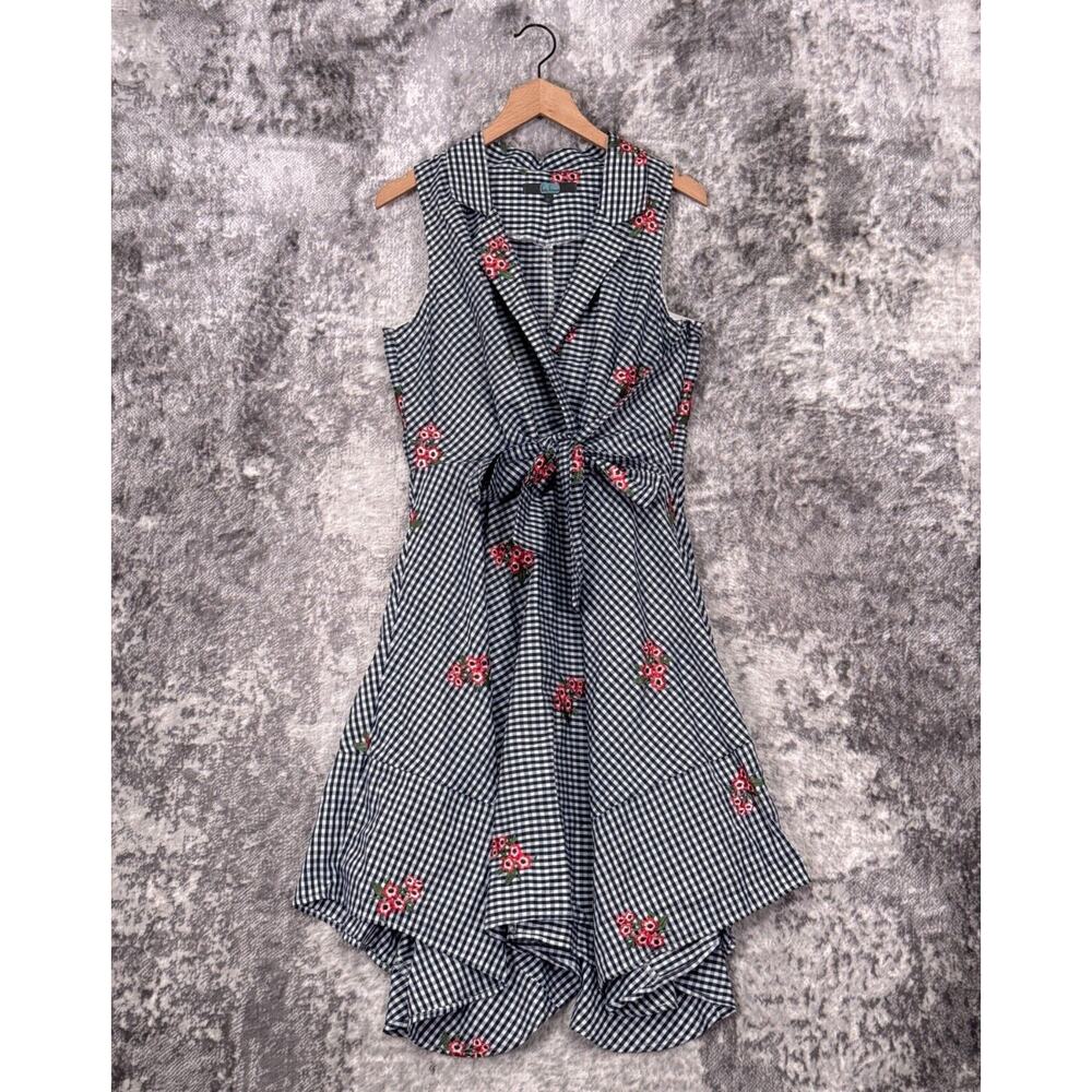 Eva Franco Black and White Gingham Midi Dress with Red Accents